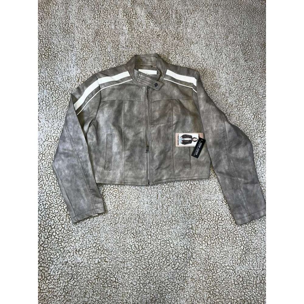 Ci Sono Faux Leather Moto Jacket Womens Large Khaki Cropped Biker NWT Vegan